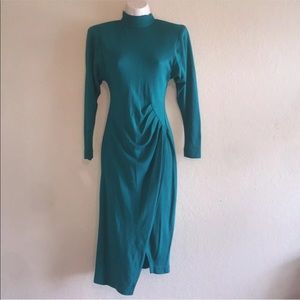 Vintage Teal Ruched Sexy Midi Bodycon Dress 3/4
